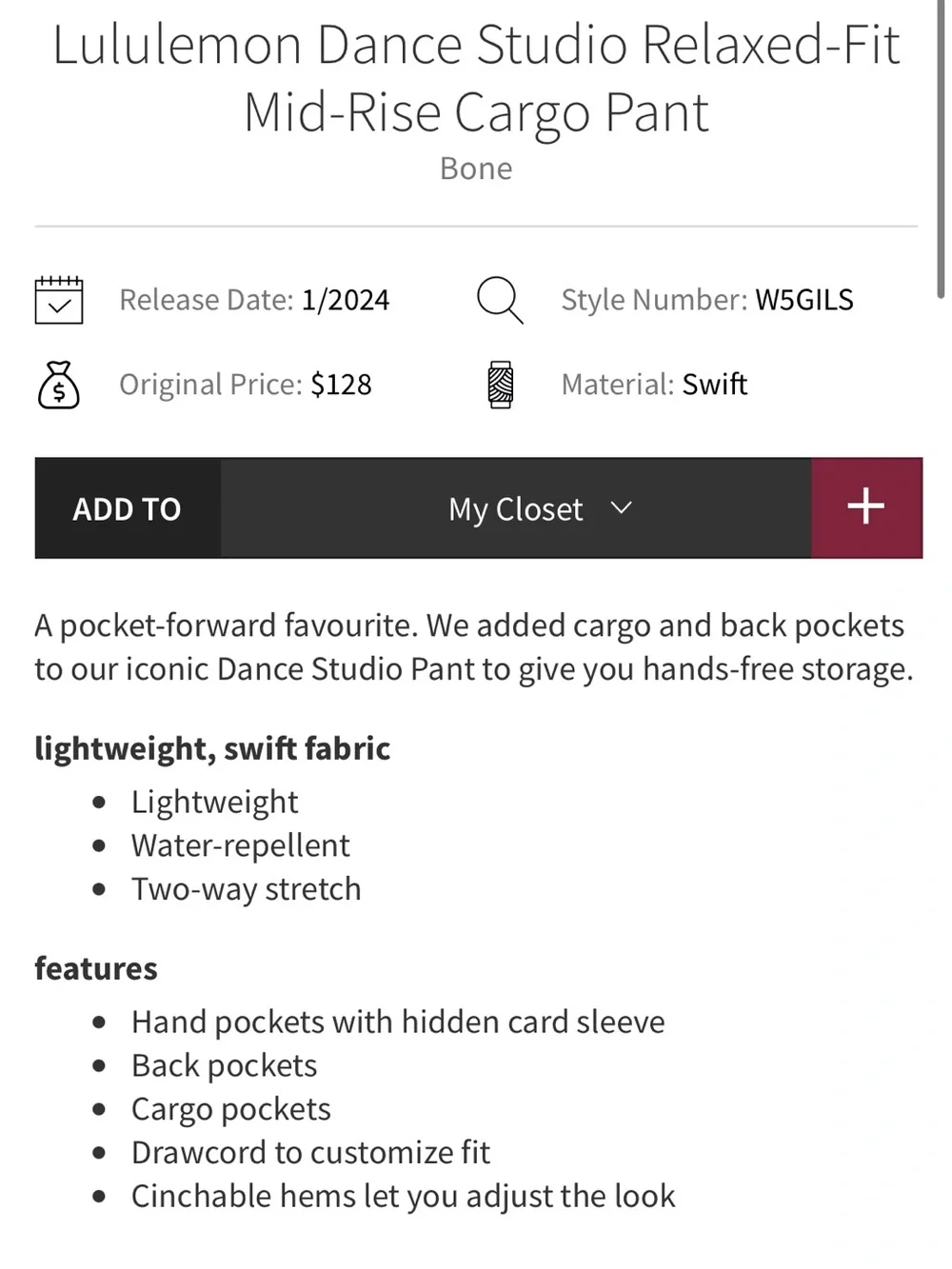 🍋 Lululemon Dance Studio Relaxed-Fit Mid-Rise Cargo Pant